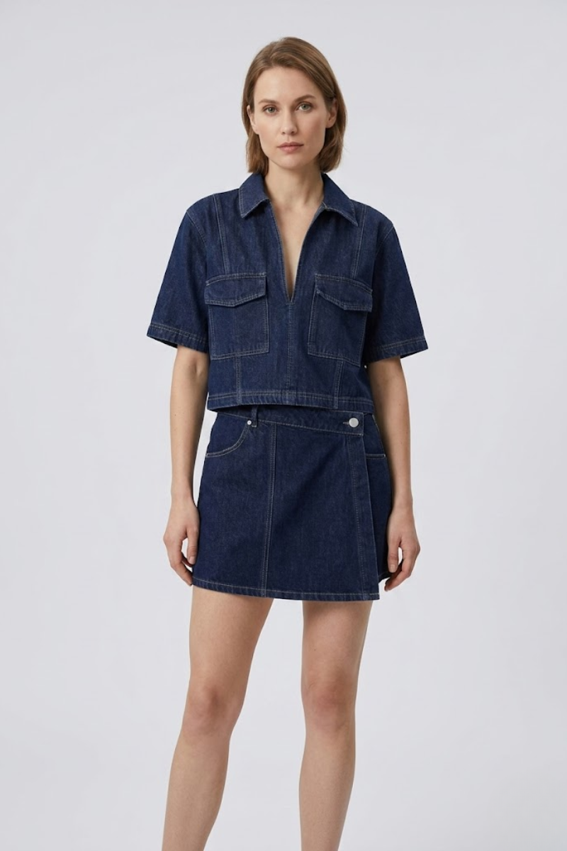 Women's 2 Piece Denim Top and Asymmetric Skirt Outfit