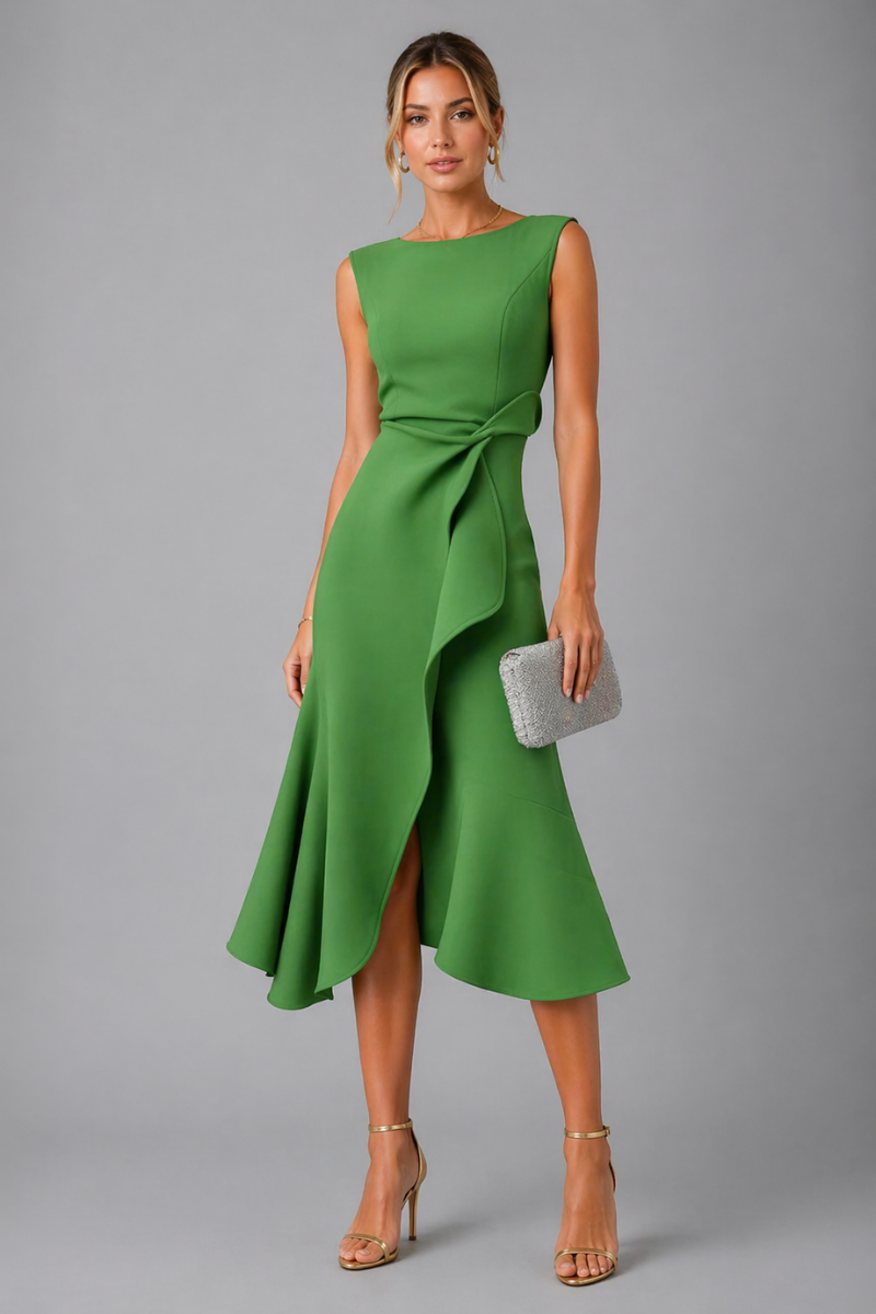 Women's Asymmetric Draped Midi Dress – Sleeveless Elegant Evening Dress