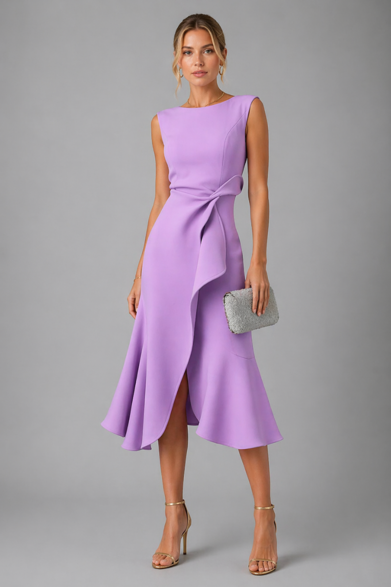 Women's Asymmetric Draped Midi Dress – Sleeveless Elegant Evening Dress