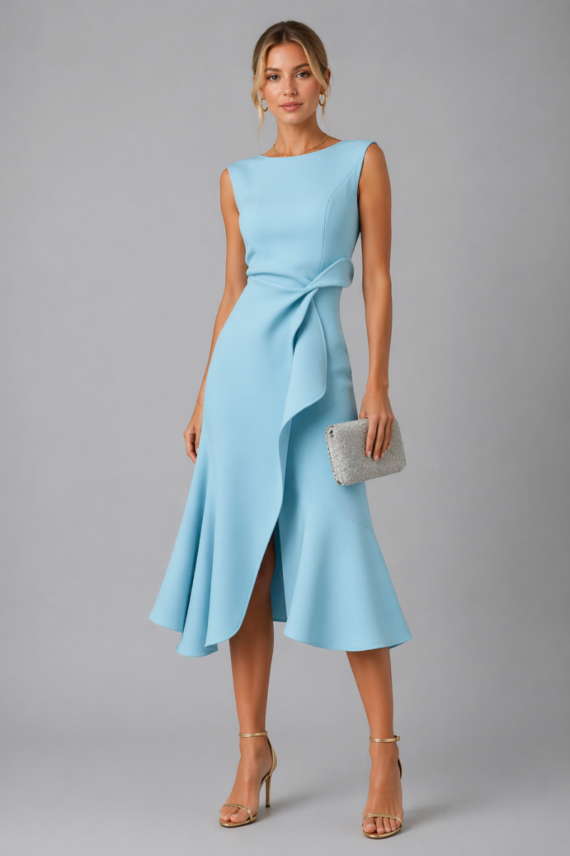 Women's Asymmetric Draped Midi Dress – Sleeveless Elegant Evening Dress