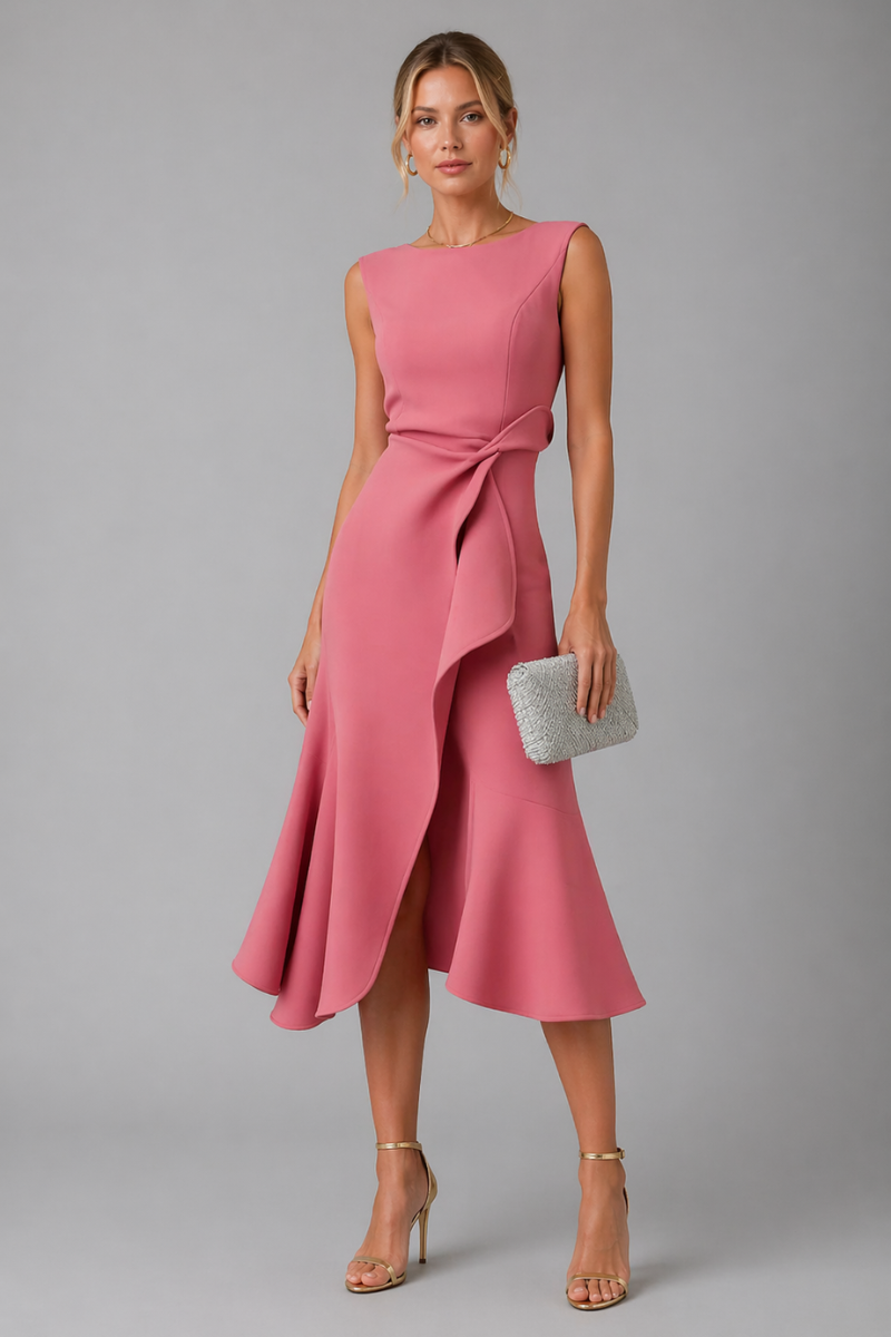 Women's Asymmetric Draped Midi Dress – Sleeveless Elegant Evening Dress