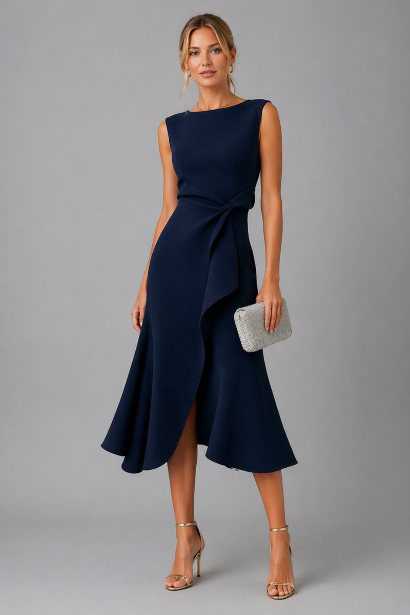 Women's Asymmetric Draped Midi Dress – Sleeveless Elegant Evening Dress