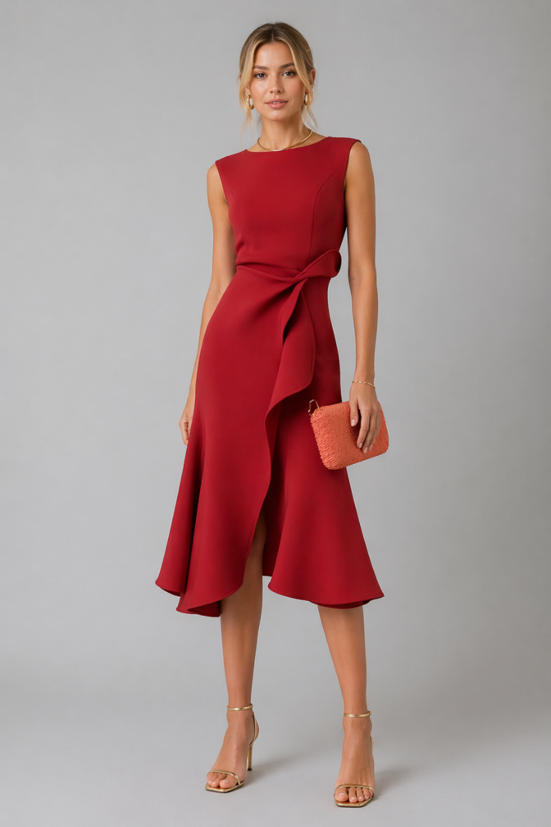 Women's Asymmetric Draped Midi Dress – Sleeveless Elegant Evening Dress