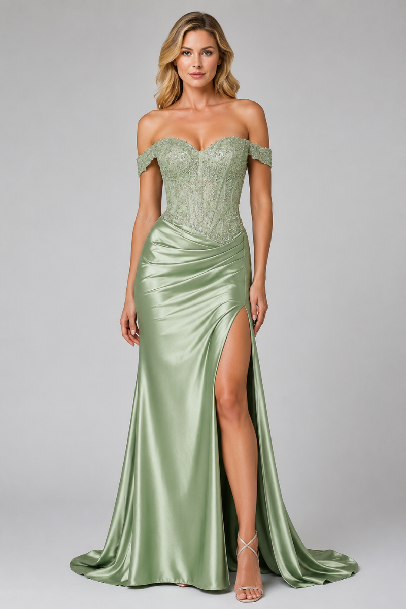 Women's Beaded Off-the-Shoulder Evening Gown with Thigh Slit