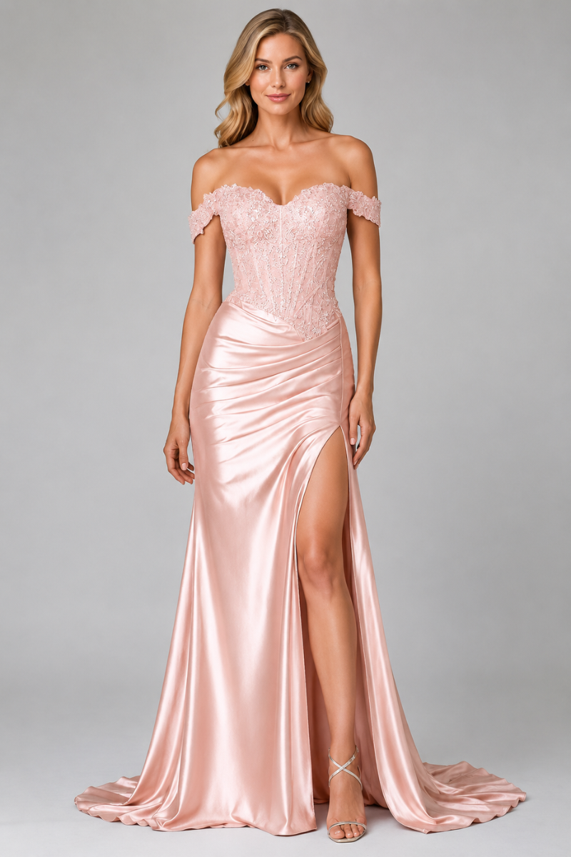 Women's Beaded Off-the-Shoulder Evening Gown with Thigh Slit
