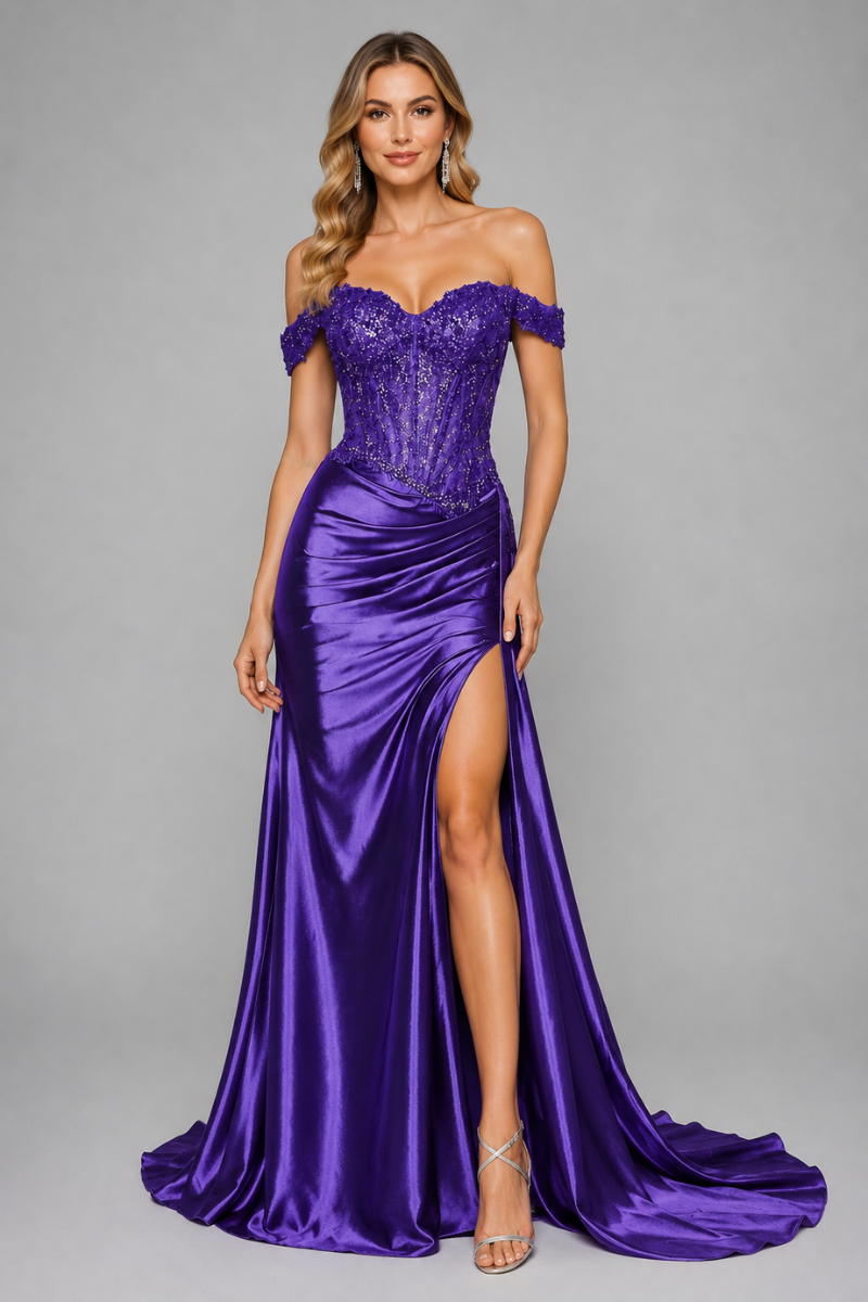 Women's Beaded Off-the-Shoulder Evening Gown with Thigh Slit