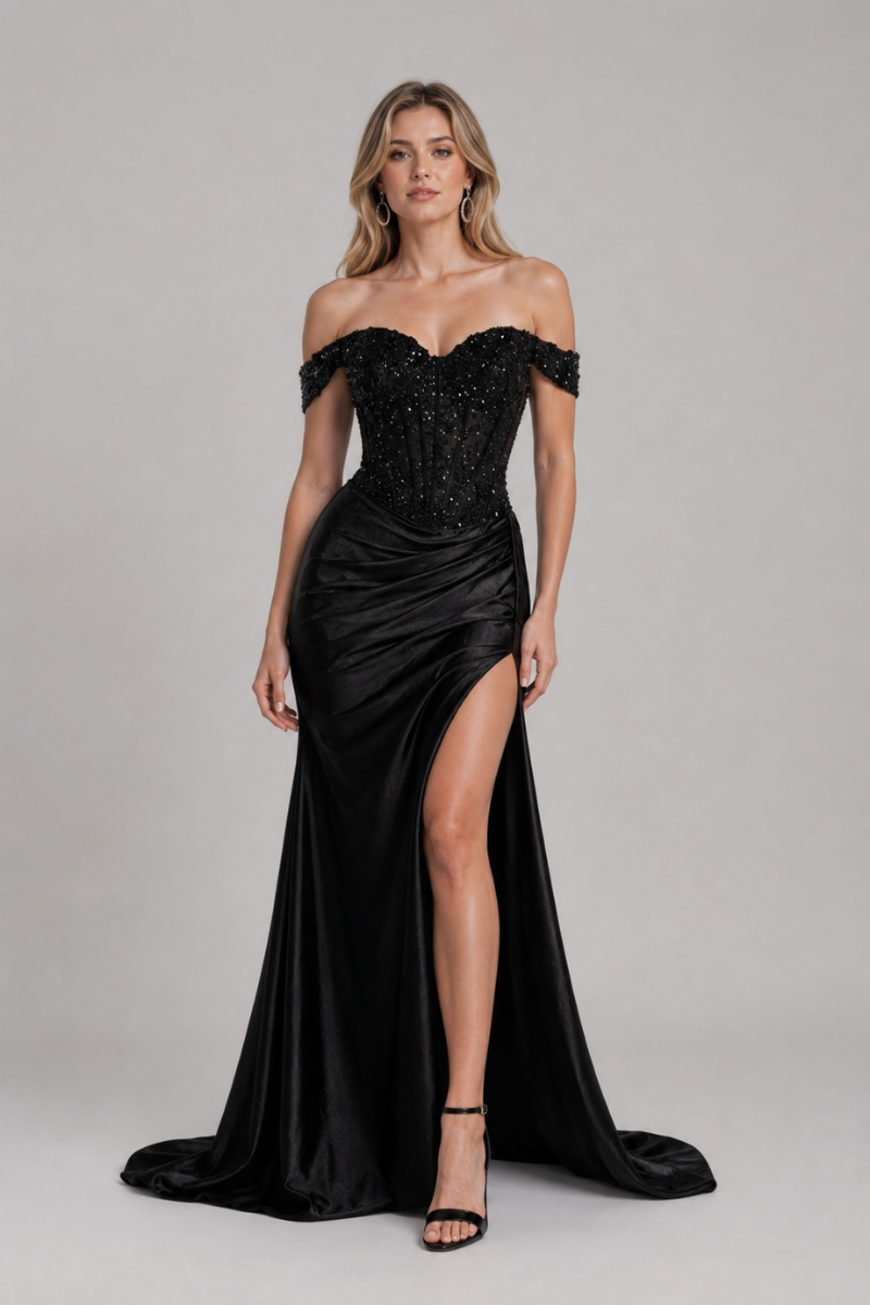 Women's Beaded Off-the-Shoulder Evening Gown with Thigh Slit