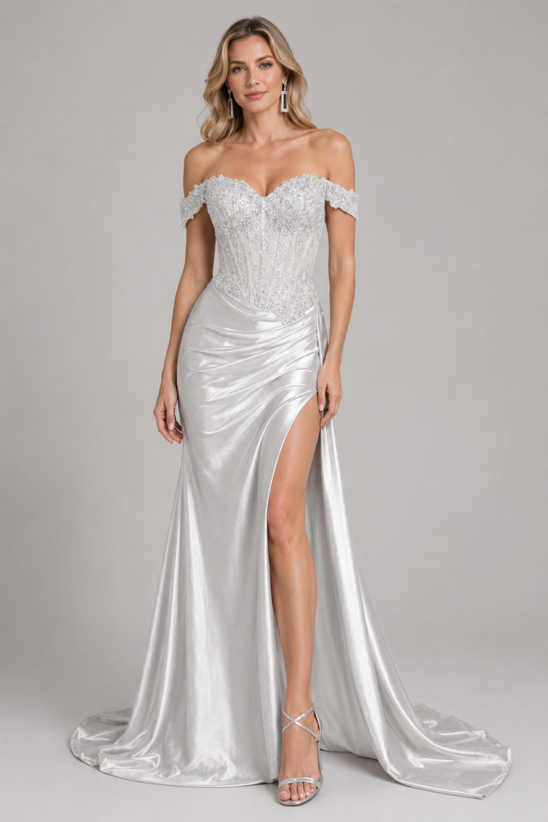 Women's Beaded Off-the-Shoulder Evening Gown with Thigh Slit
