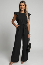 Women's Belted Wide Leg Jumpsuit with Ruffle Sleeves