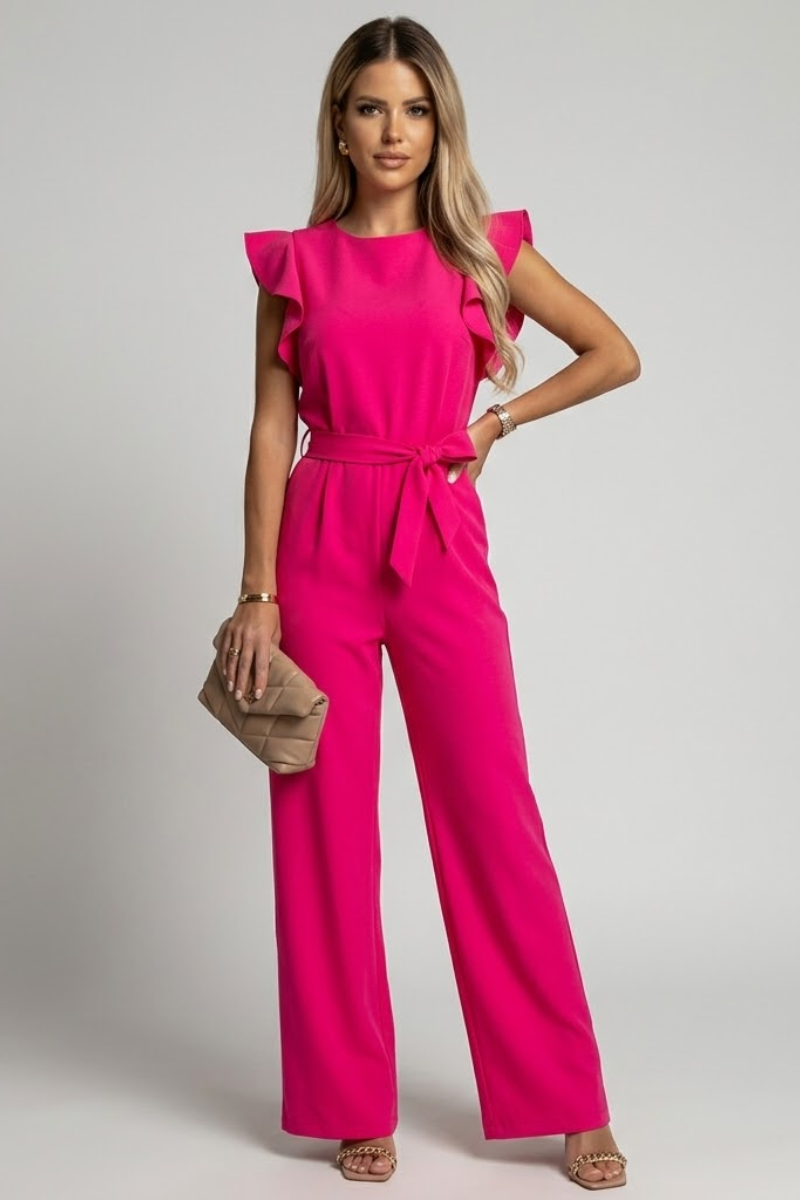 Women's Belted Wide Leg Jumpsuit with Ruffle Sleeves