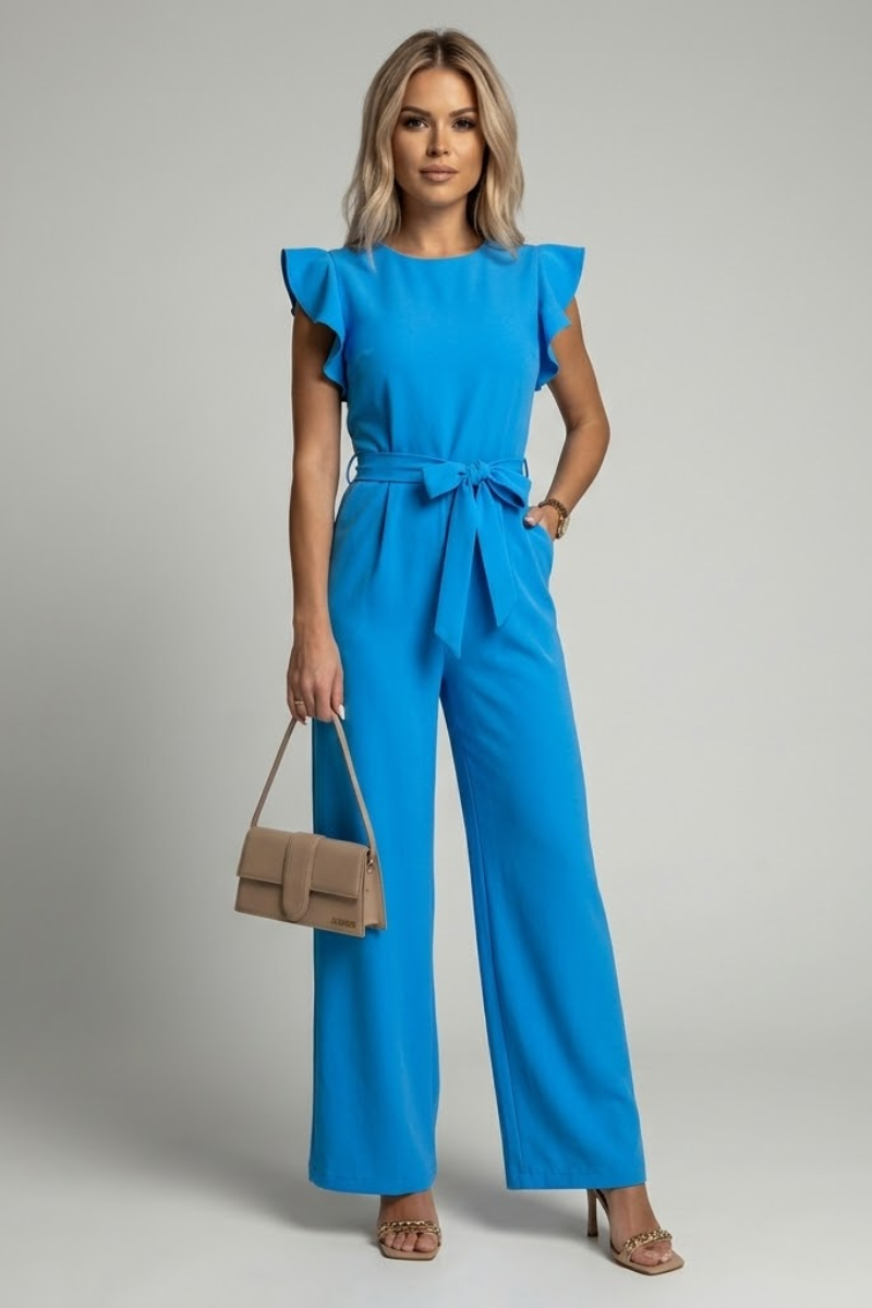 Women's Belted Wide Leg Jumpsuit with Ruffle Sleeves
