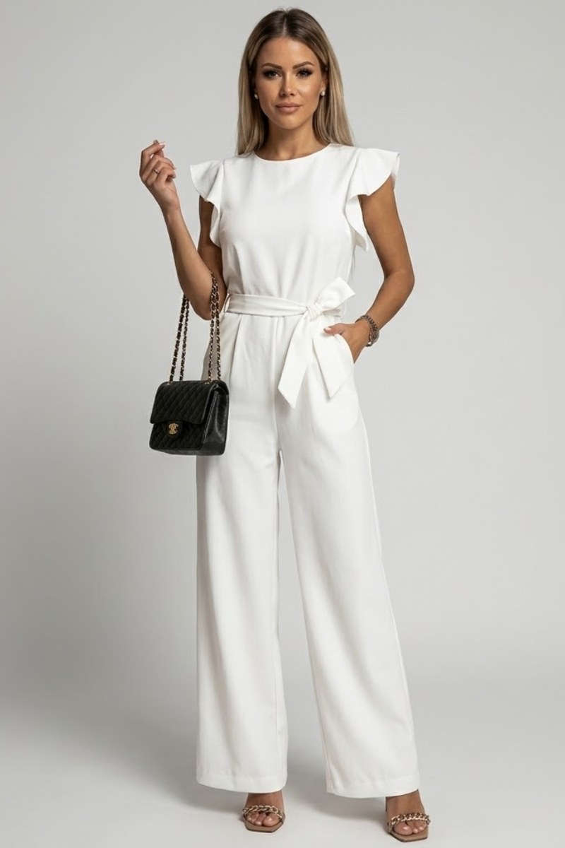 Women's Belted Wide Leg Jumpsuit with Ruffle Sleeves