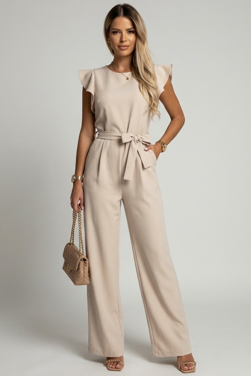 Women's Belted Wide Leg Jumpsuit with Ruffle Sleeves