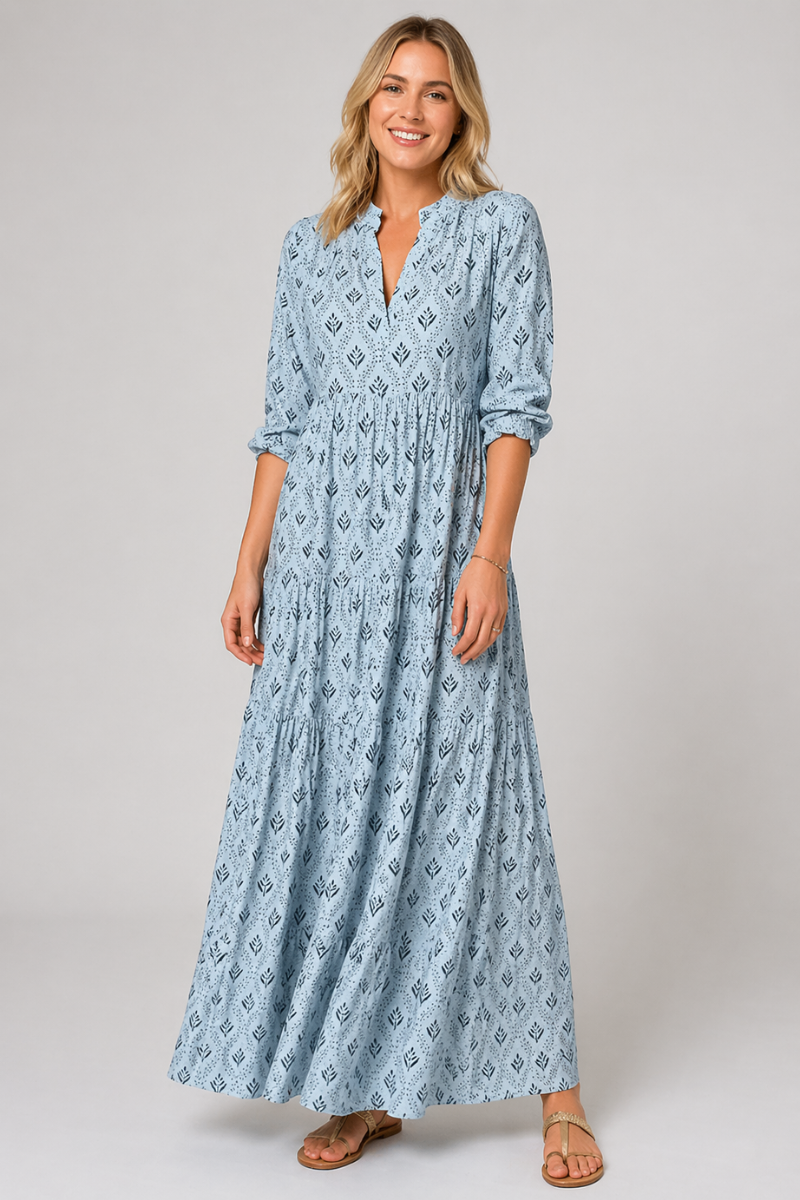 Women's Boho Maxi Dress - V Neck Long Sleeve Printed Casual Dress