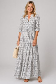 Women's Boho Maxi Dress - V Neck Long Sleeve Printed Casual Dress
