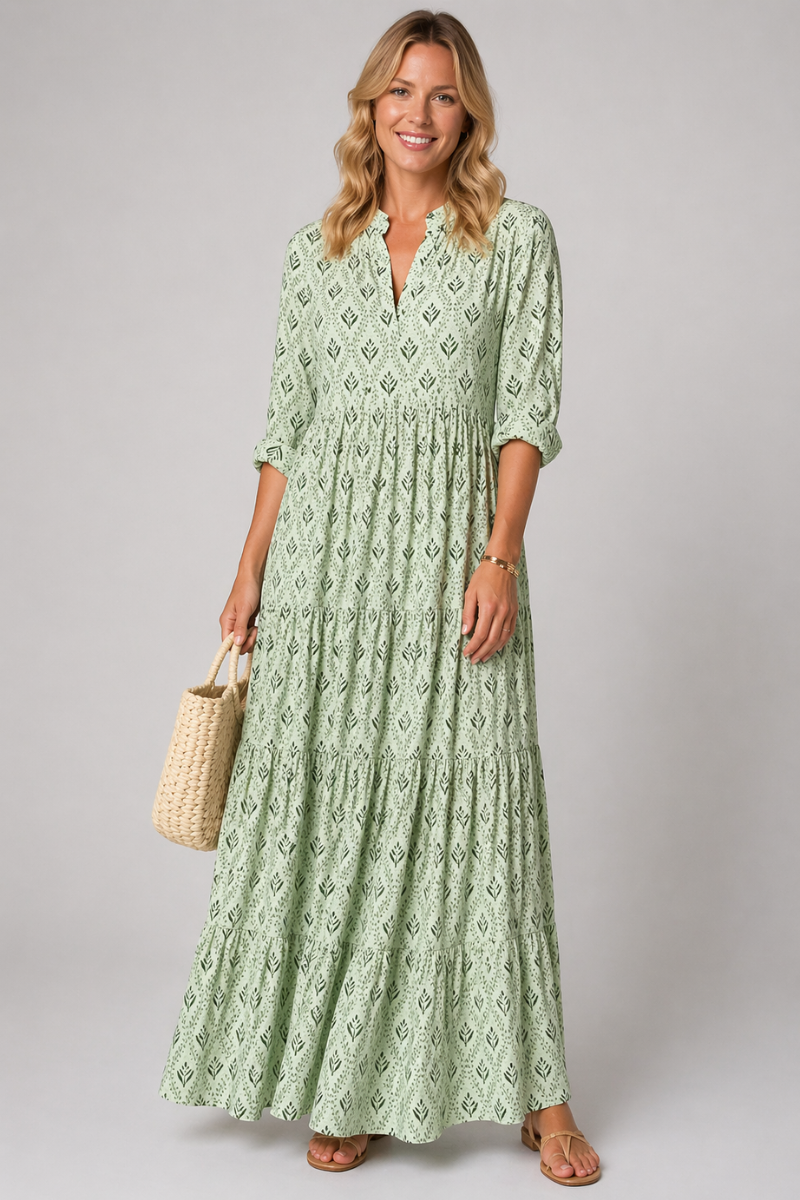 Women's Boho Maxi Dress - V Neck Long Sleeve Printed Casual Dress