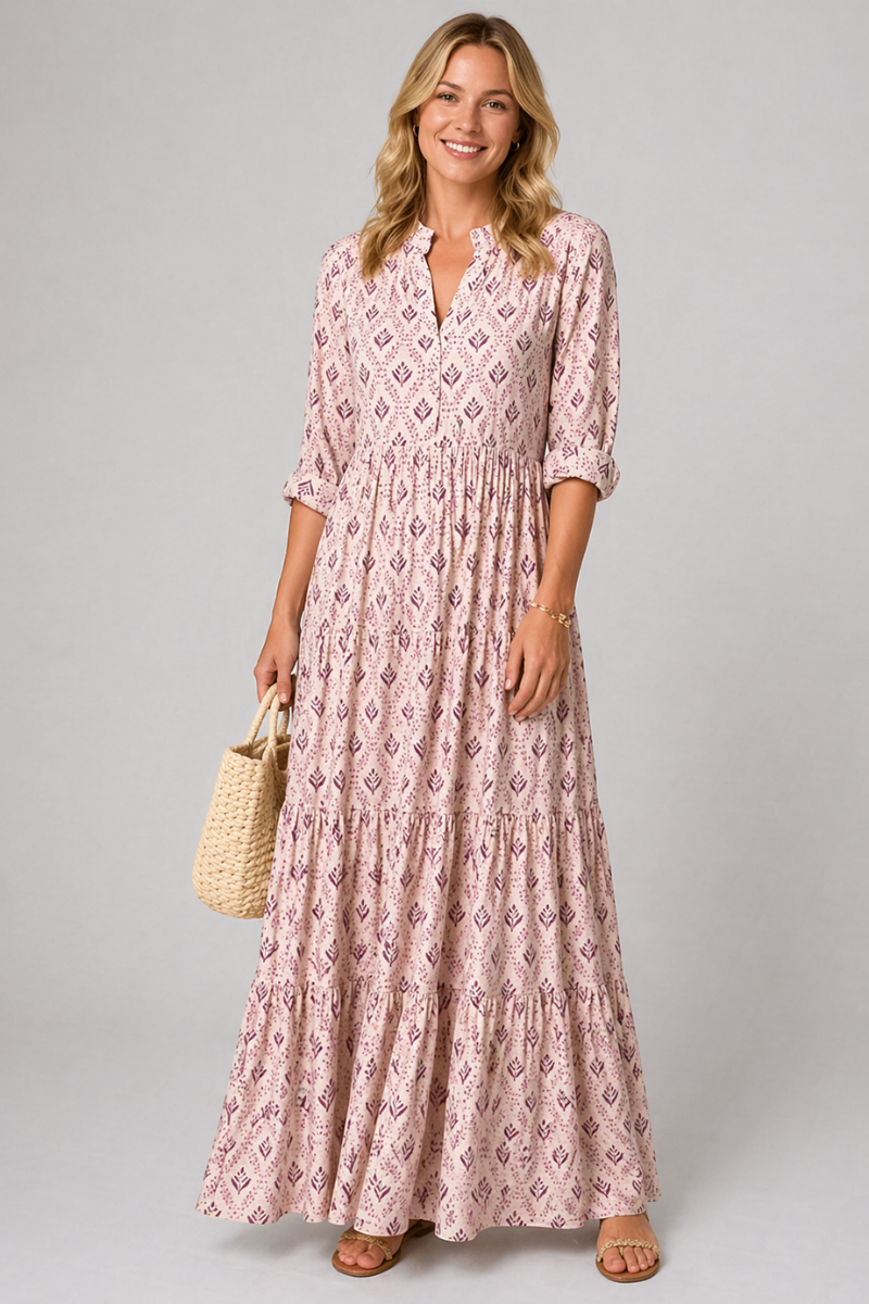 Women's Boho Maxi Dress - V Neck Long Sleeve Printed Casual Dress