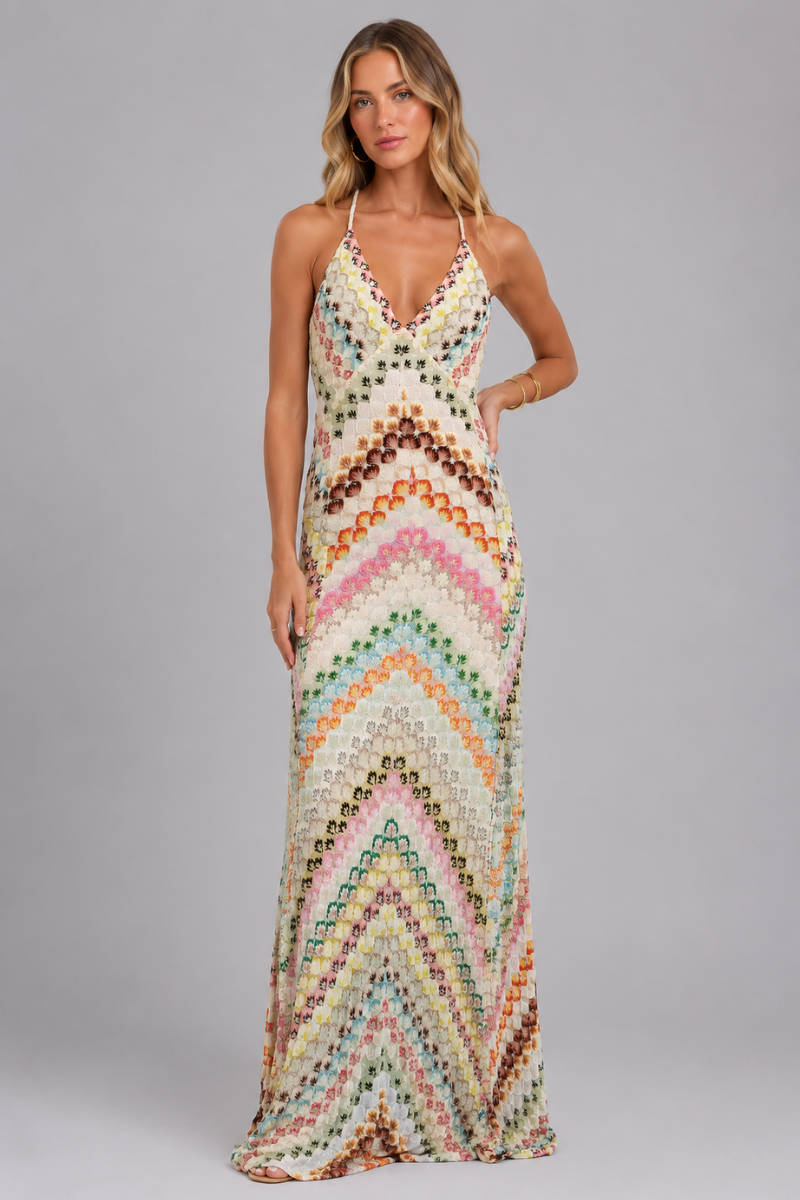 Women's Chevron Embroidered V Neck Crisscross Maxi Dress – Elegant Occasion Dress