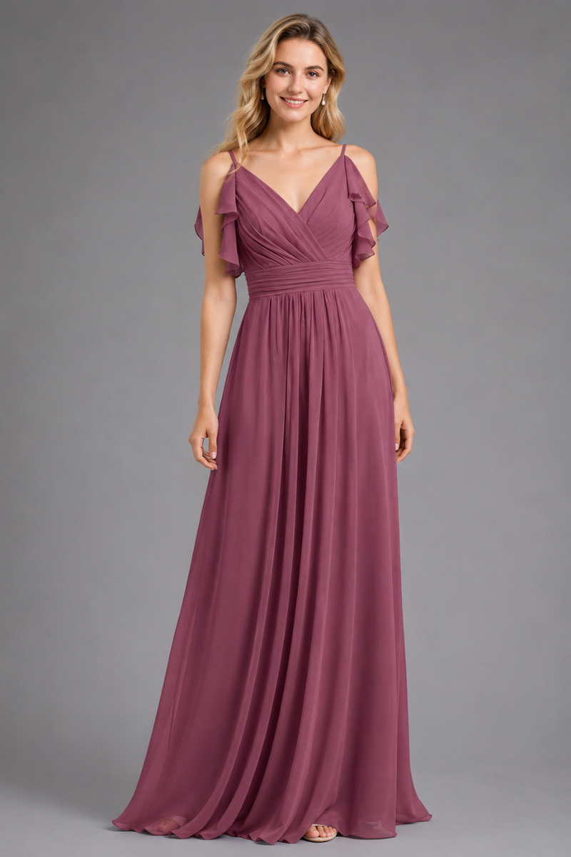 Women's Chiffon Maxi Dress with Spaghetti Straps and Shoulder Ruffles in Emerald
