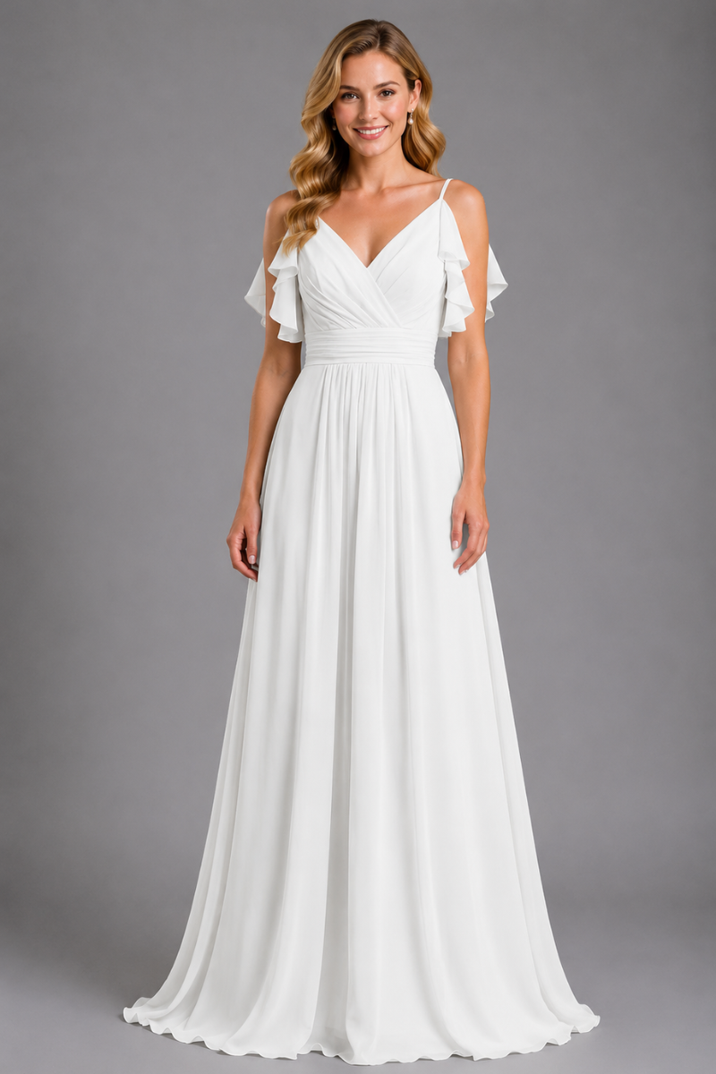 Women's Chiffon Maxi Dress with Spaghetti Straps and Shoulder Ruffles in Emerald