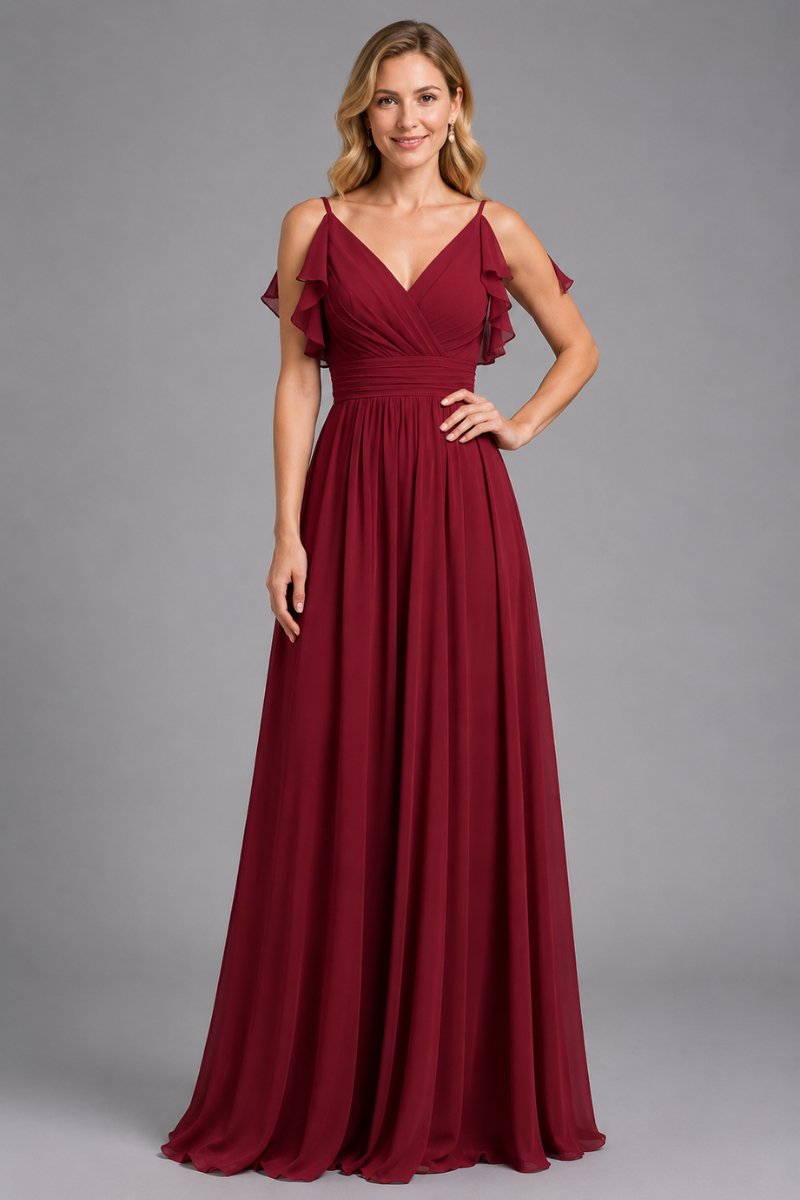 Women's Chiffon Maxi Dress with Spaghetti Straps and Shoulder Ruffles in Emerald