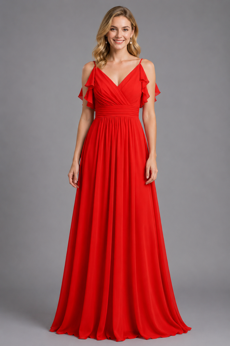 Women's Chiffon Maxi Dress with Spaghetti Straps and Shoulder Ruffles in Emerald