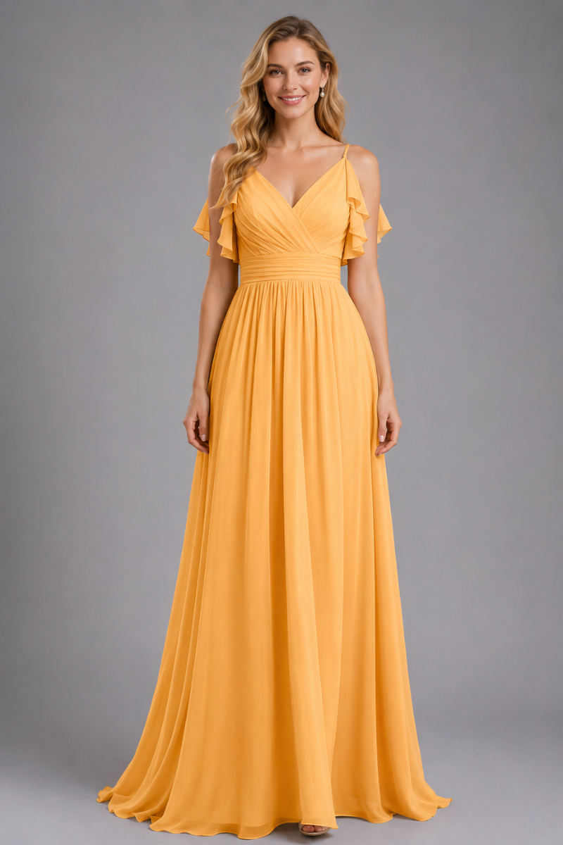 Women's Chiffon Maxi Dress with Spaghetti Straps and Shoulder Ruffles in Emerald