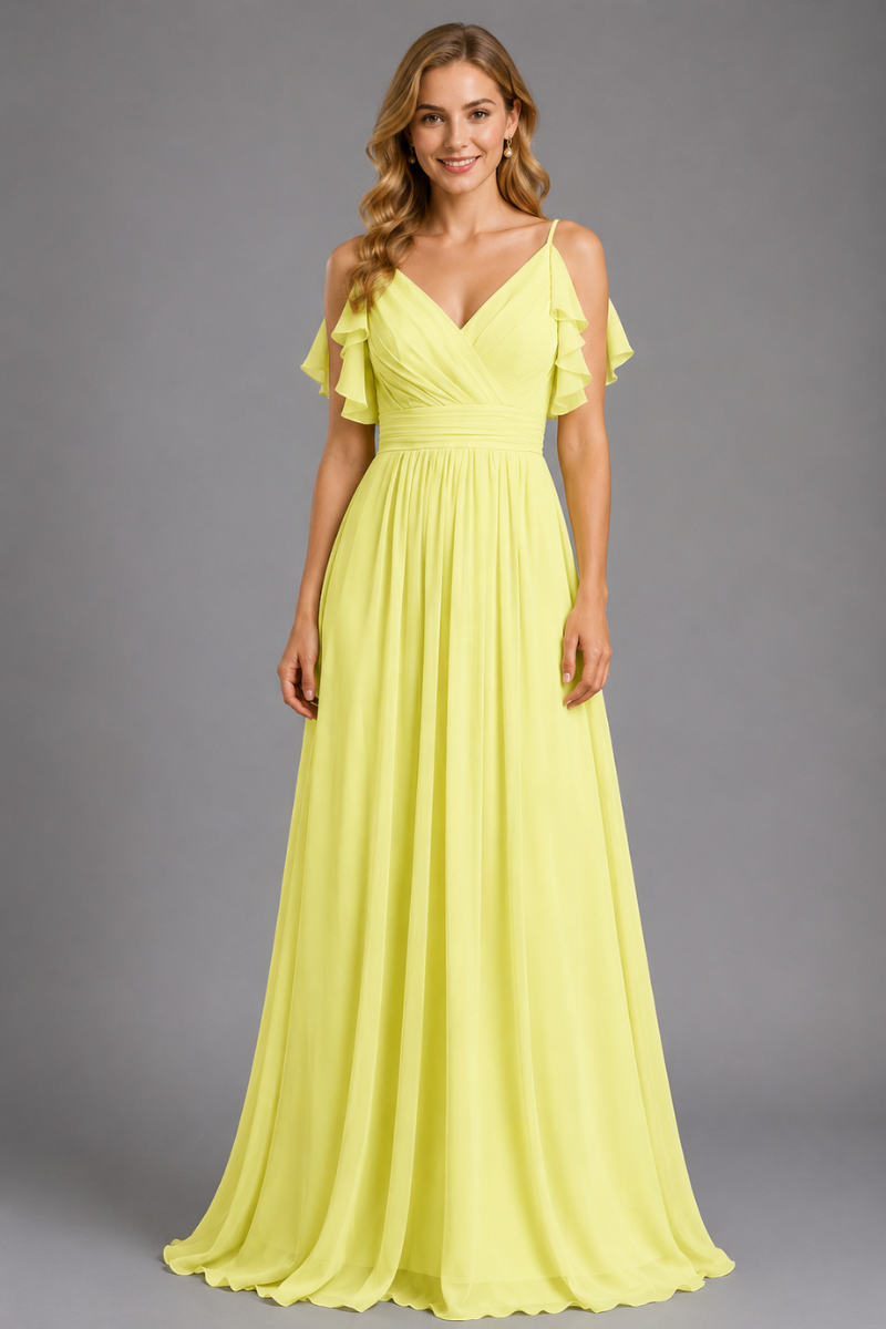Women's Chiffon Maxi Dress with Spaghetti Straps and Shoulder Ruffles in Emerald