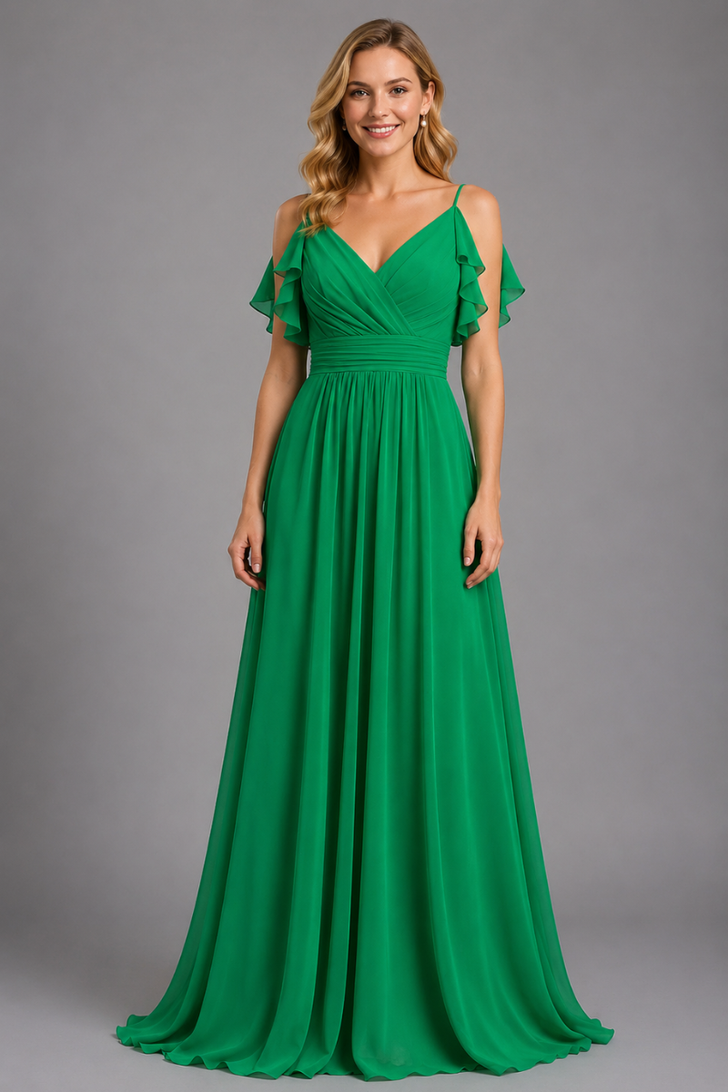 Women's Chiffon Maxi Dress with Spaghetti Straps and Shoulder Ruffles in Emerald