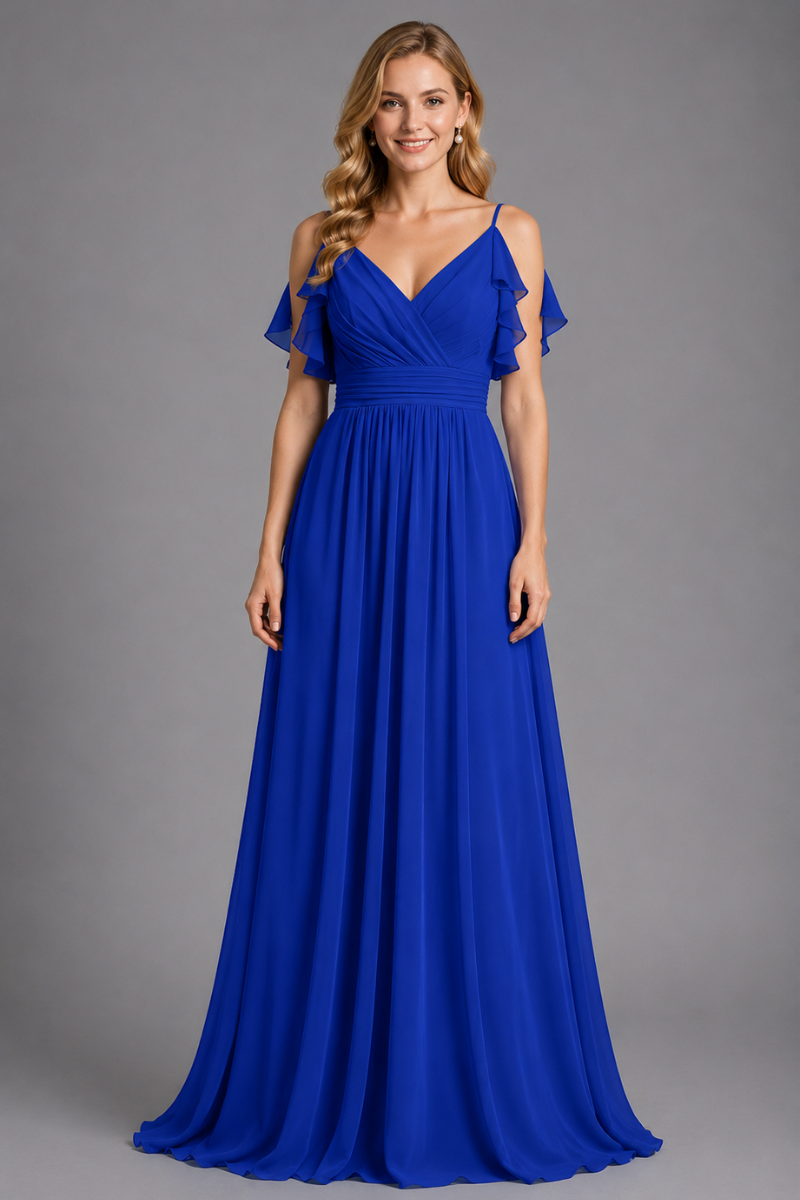 Women's Chiffon Maxi Dress with Spaghetti Straps and Shoulder Ruffles in Emerald