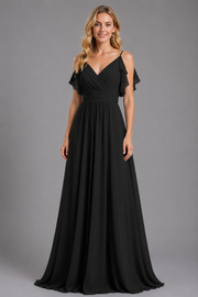 Women's Chiffon Maxi Dress with Spaghetti Straps and Shoulder Ruffles in Emerald