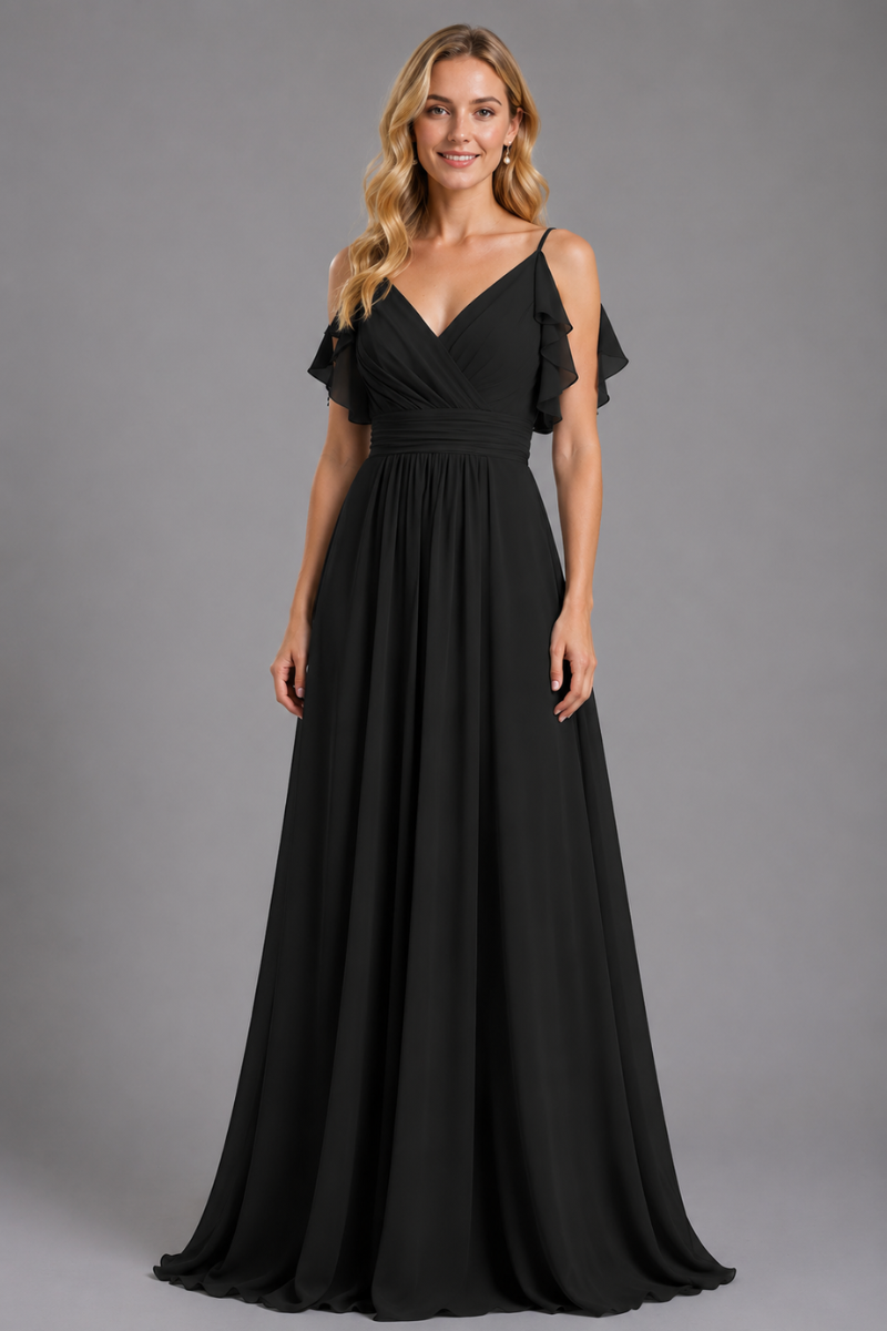 Women's Chiffon Maxi Dress with Spaghetti Straps and Shoulder Ruffles in Emerald