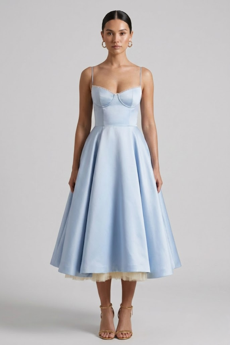 Women's Corset Style Sleeveless Midi Dress - Flared Cocktail Evening Dress