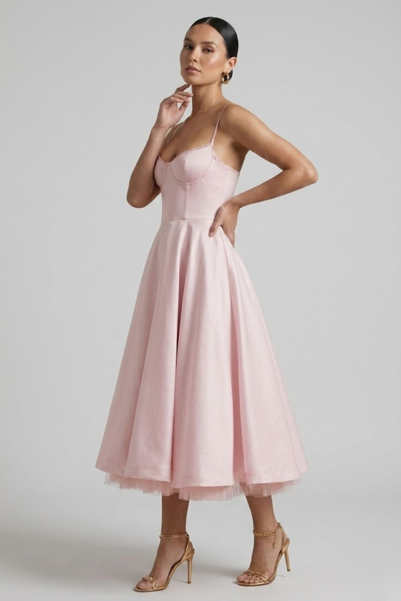 Women's Corset Style Sleeveless Midi Dress - Flared Cocktail Evening Dress