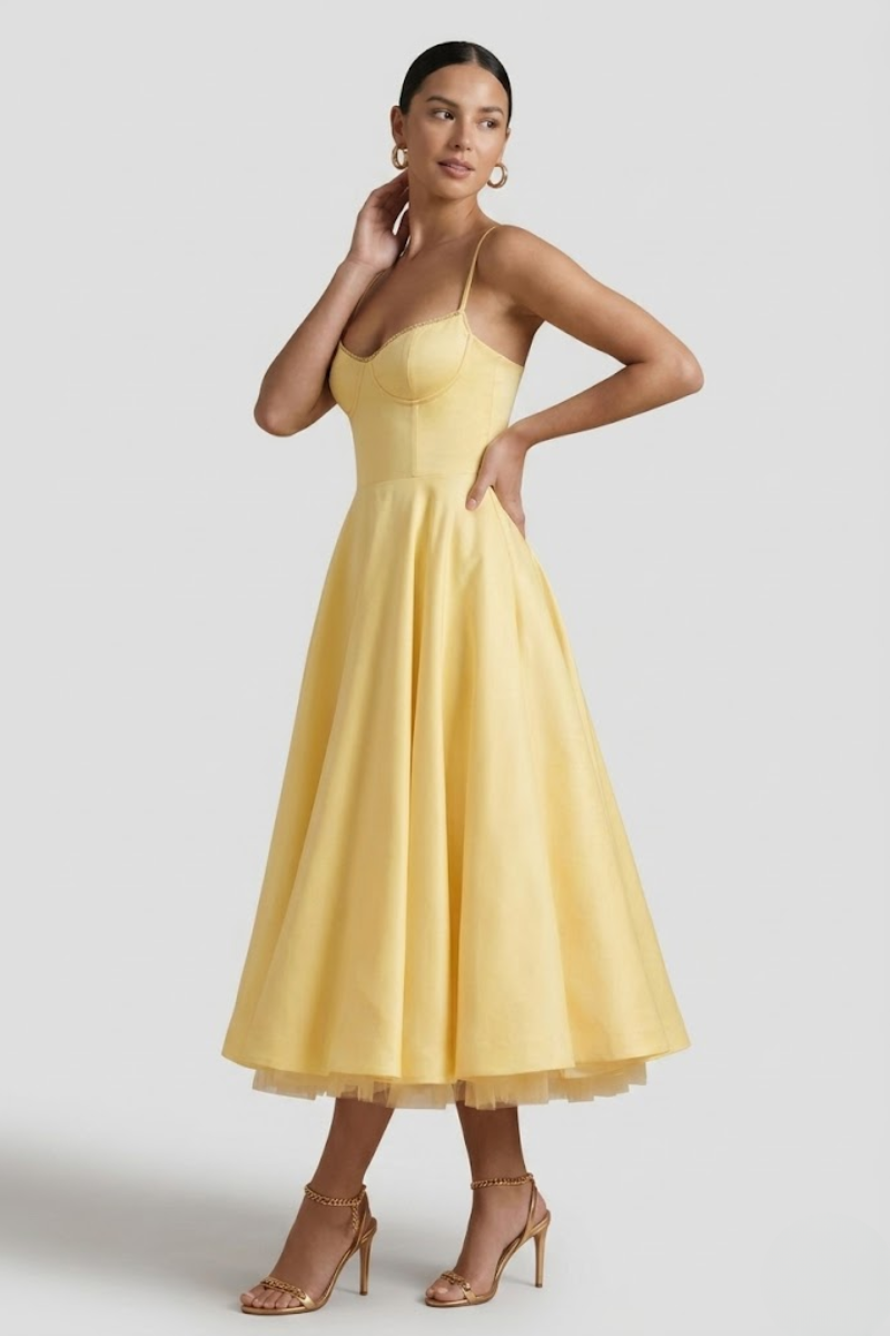 Women's Corset Style Sleeveless Midi Dress - Flared Cocktail Evening Dress