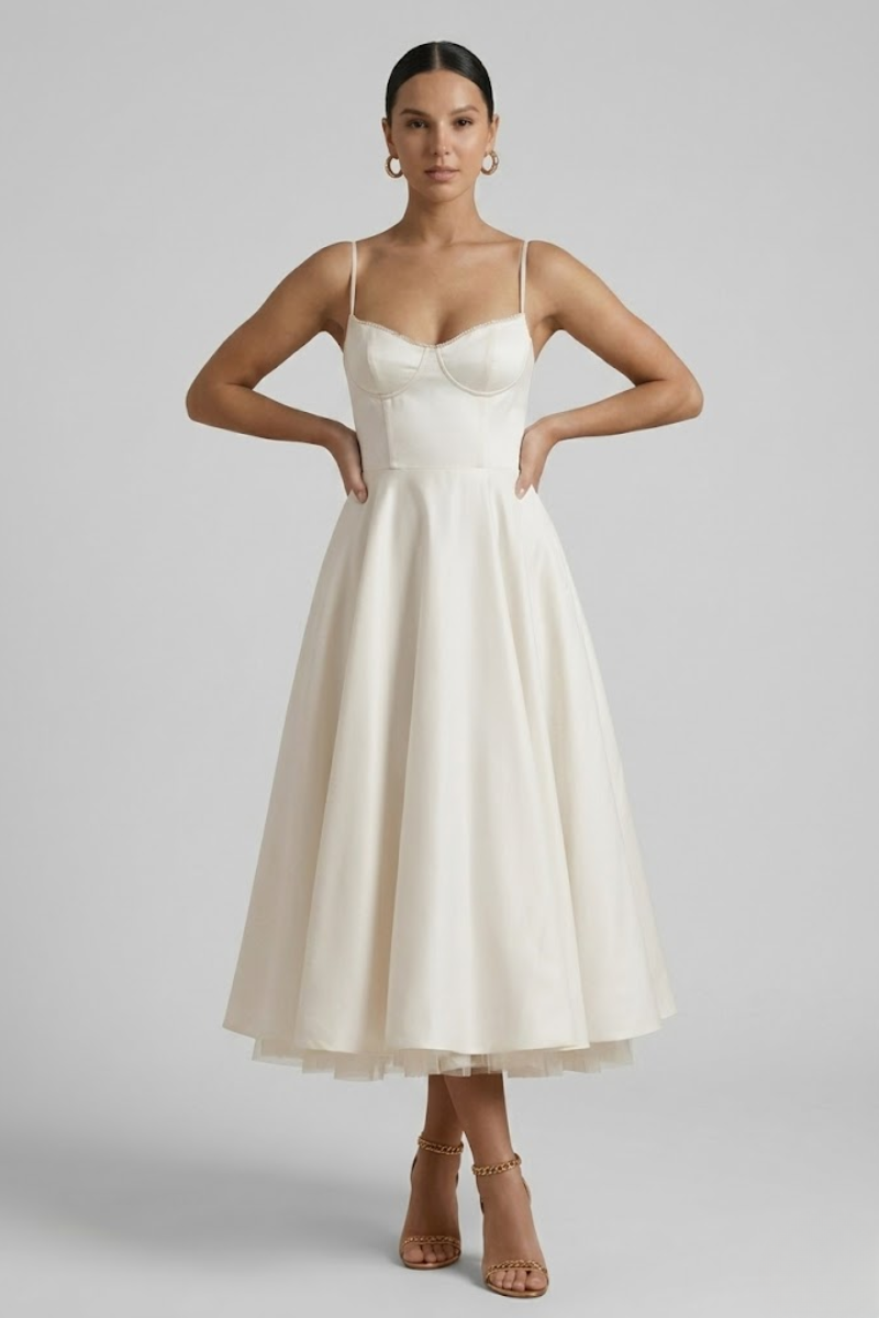 Women's Corset Style Sleeveless Midi Dress - Flared Cocktail Evening Dress