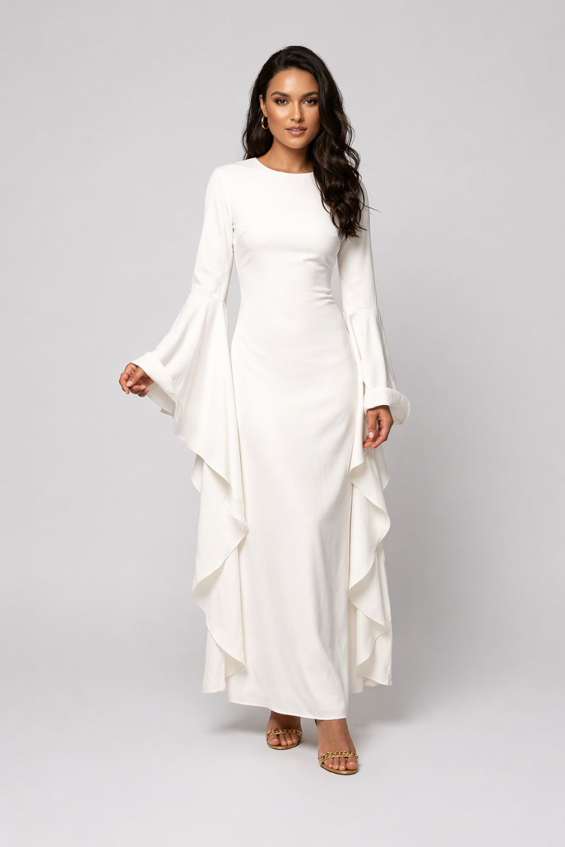 Women's Crew Neck Maxi Dress - Flared Sleeve Casual Evening Dress