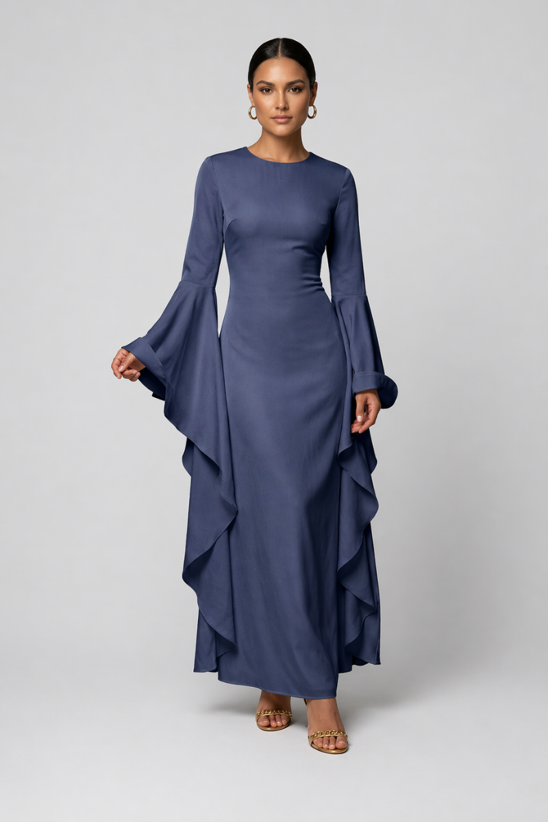 Women's Crew Neck Maxi Dress - Flared Sleeve Casual Evening Dress
