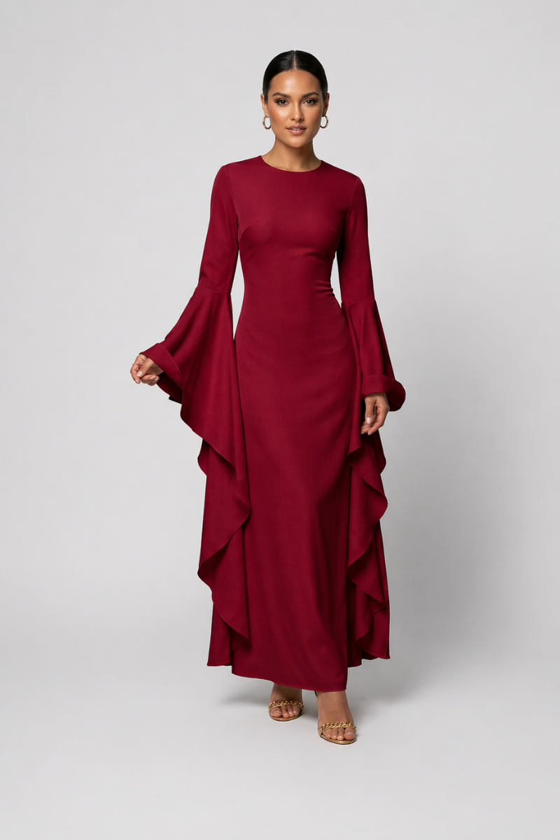 Women's Crew Neck Maxi Dress - Flared Sleeve Casual Evening Dress
