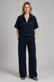 Women's Cropped Blue Denim Shirt – Short Sleeve Summer Blouse