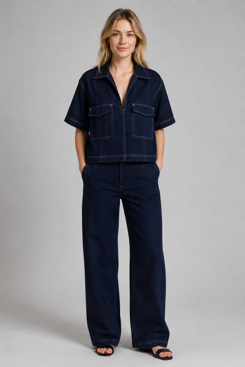 Women's Cropped Blue Denim Shirt – Short Sleeve Summer Blouse