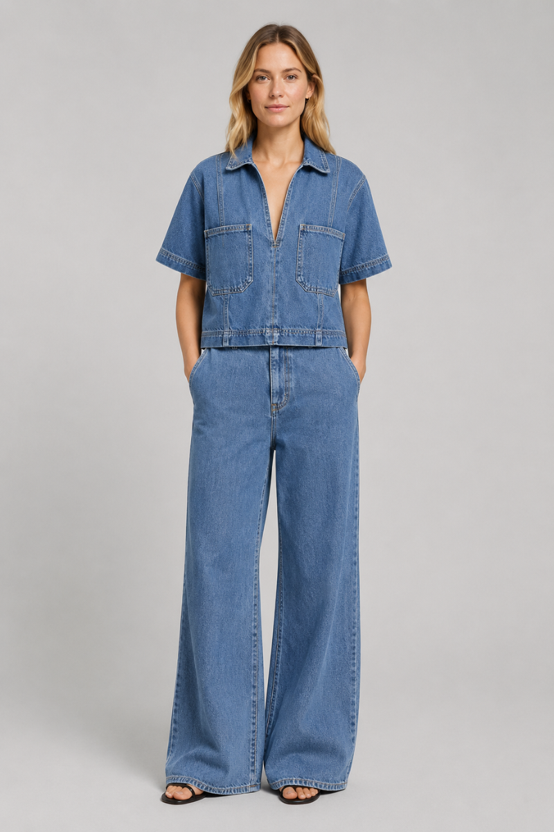 Women's Cropped Blue Denim Shirt – Short Sleeve Summer Blouse