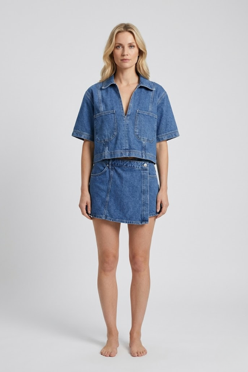 Women's Cropped Denim Shirt Short Sleeve Summer Top