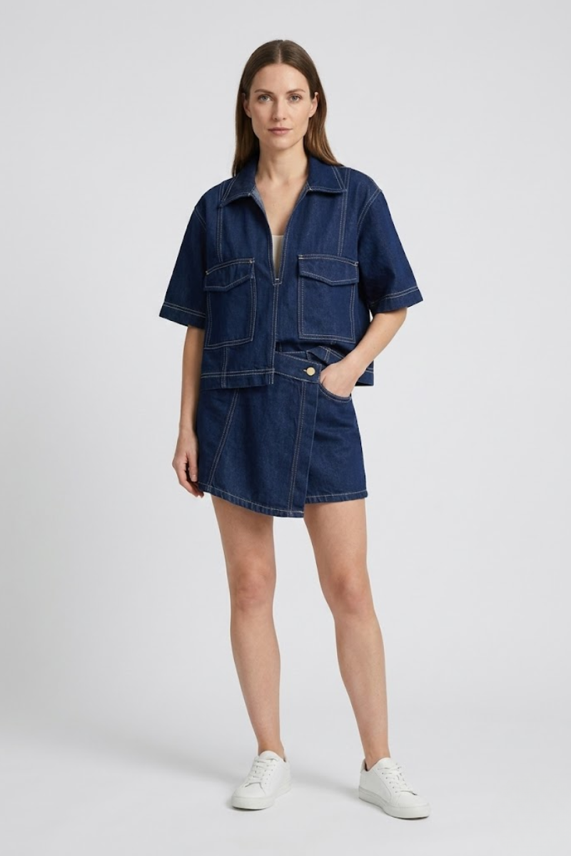 Women's Cropped Denim Shirt Short Sleeve Summer Top