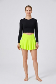 Women's Crossover High Waist Tennis Skort with Pockets and Built-In Shorts