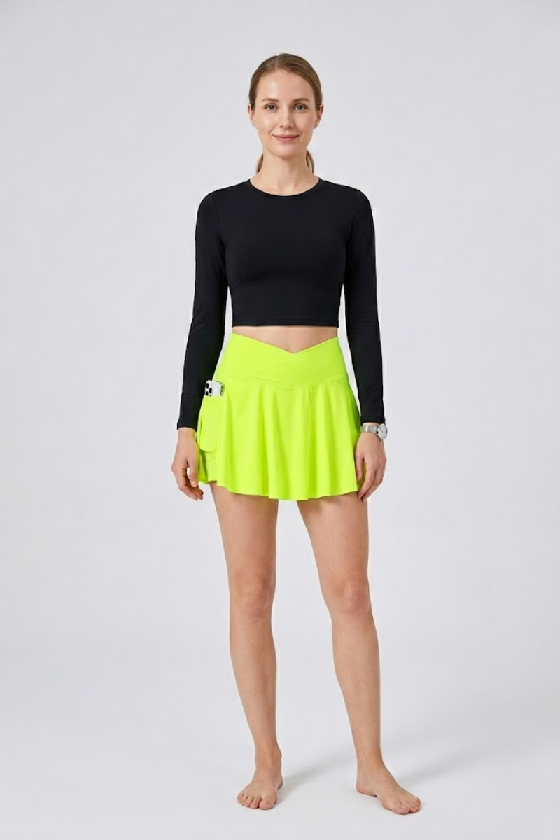 Women's Crossover High Waist Tennis Skort with Pockets and Built-In Shorts