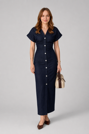 Women's Denim Midi Dress – Lapel Collar Slim Fit Dress with Side Zipper