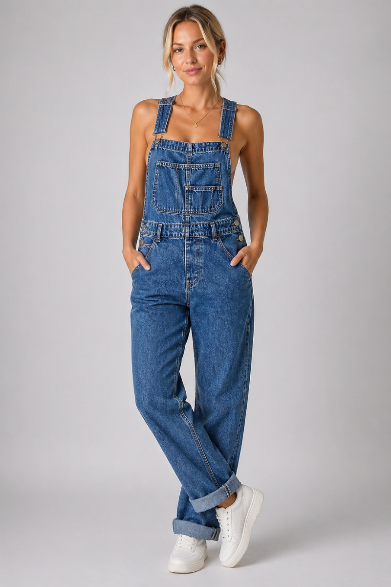 Women's Denim Overalls - Loose Fit Bib Jumpsuit with Tapered Leg