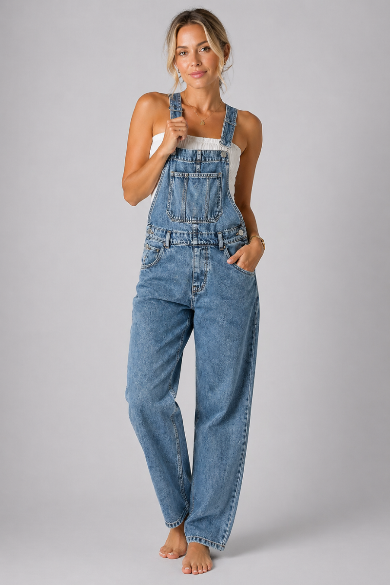 Women's Denim Overalls - Loose Fit Bib Jumpsuit with Tapered Leg