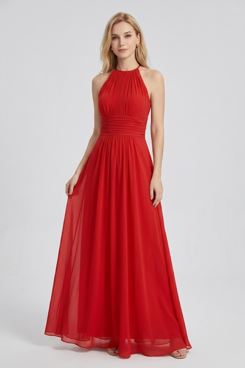 Women's Dusty Blue Halter Neck Chiffon Bridesmaid Maxi Dress